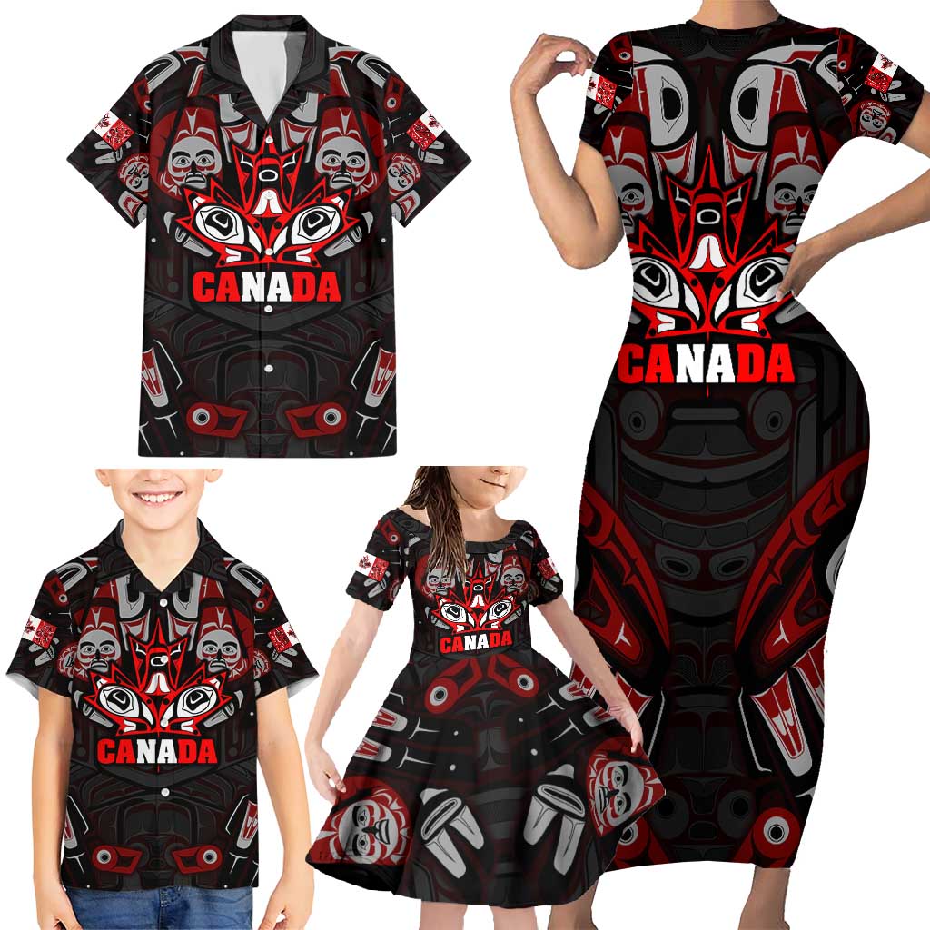 Haida Canada Day Family Matching Short Sleeve Bodycon Dress and Hawaiian Shirt Totem Inspired Maple Leaf Indigenous Art