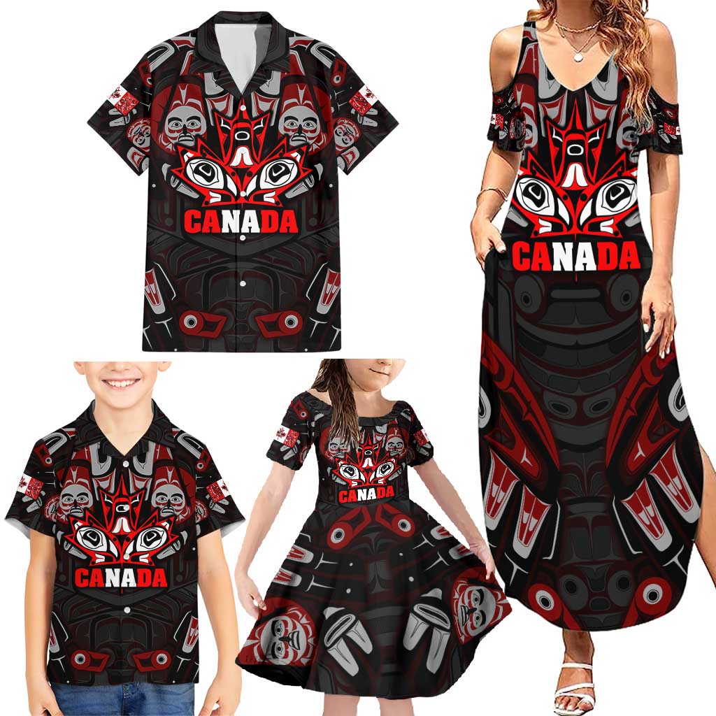 Haida Canada Day Family Matching Summer Maxi Dress and Hawaiian Shirt Totem Inspired Maple Leaf Indigenous Art