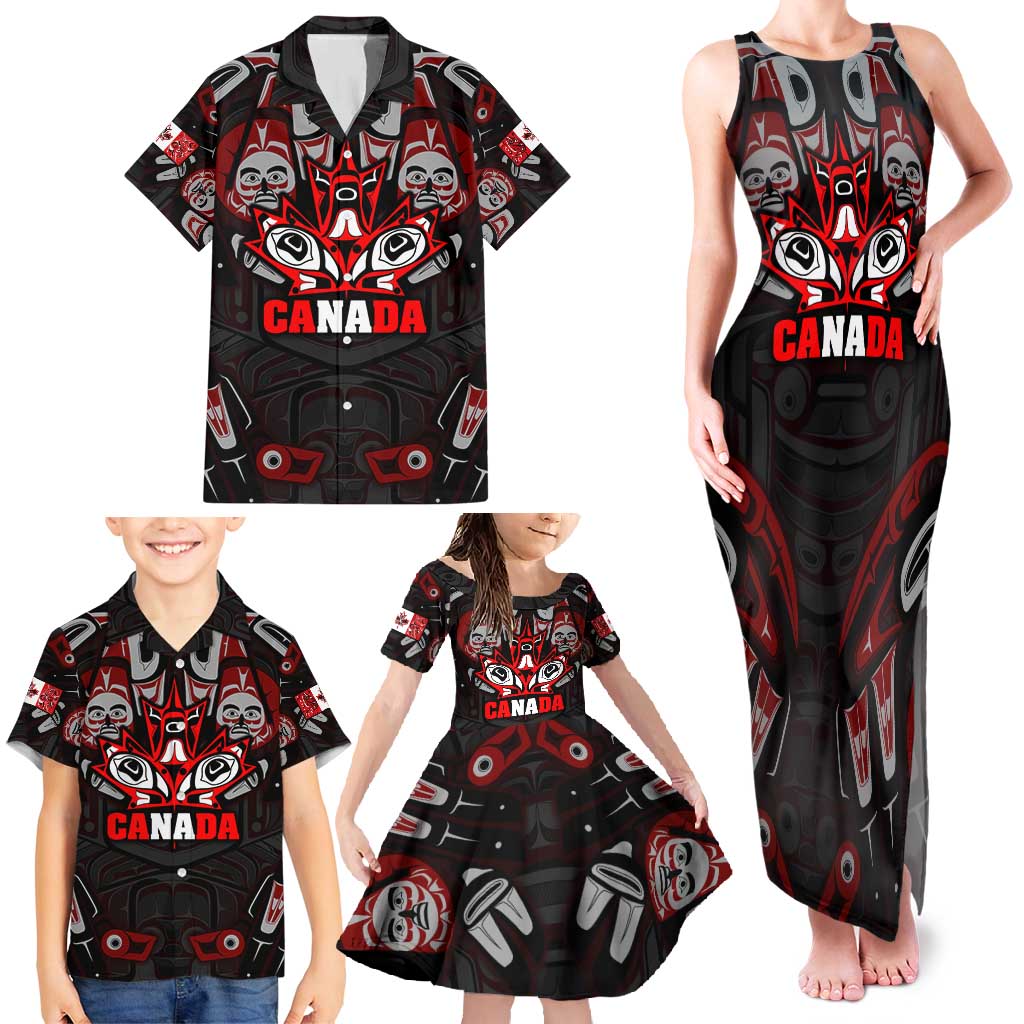 Haida Canada Day Family Matching Tank Maxi Dress and Hawaiian Shirt Totem Inspired Maple Leaf Indigenous Art