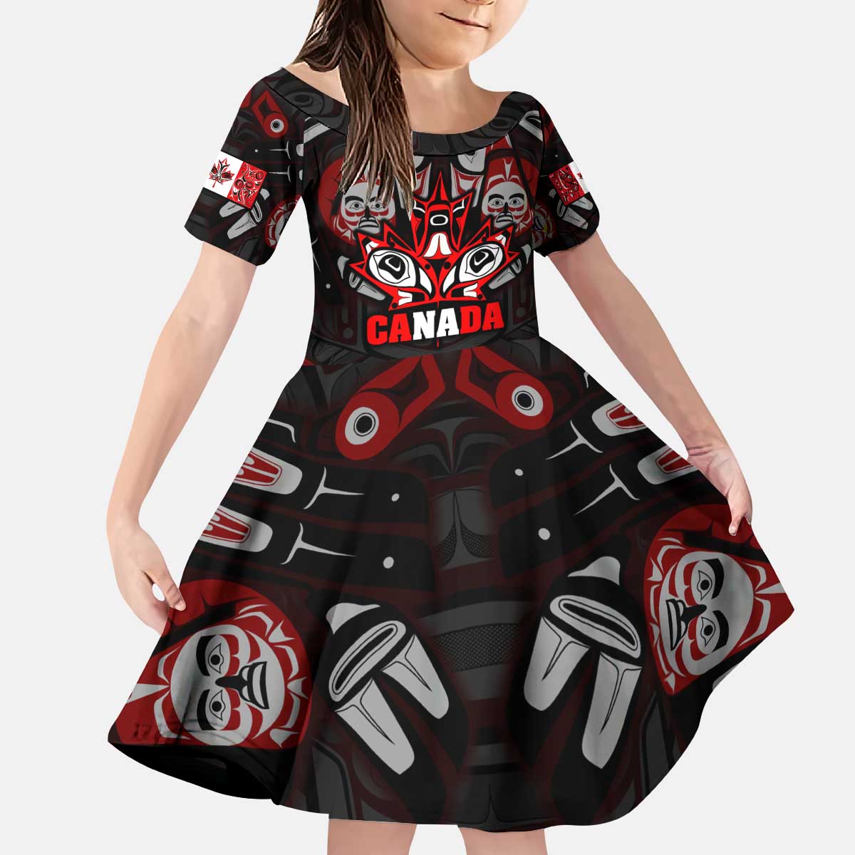 Haida Canada Day Kid Short Sleeve Dress Totem Inspired Maple Leaf Indigenous Art