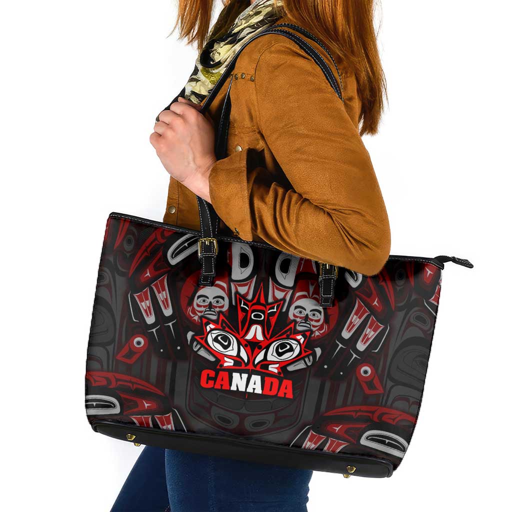 Haida Canada Day Leather Tote Bag Totem Inspired Maple Leaf Indigenous Art