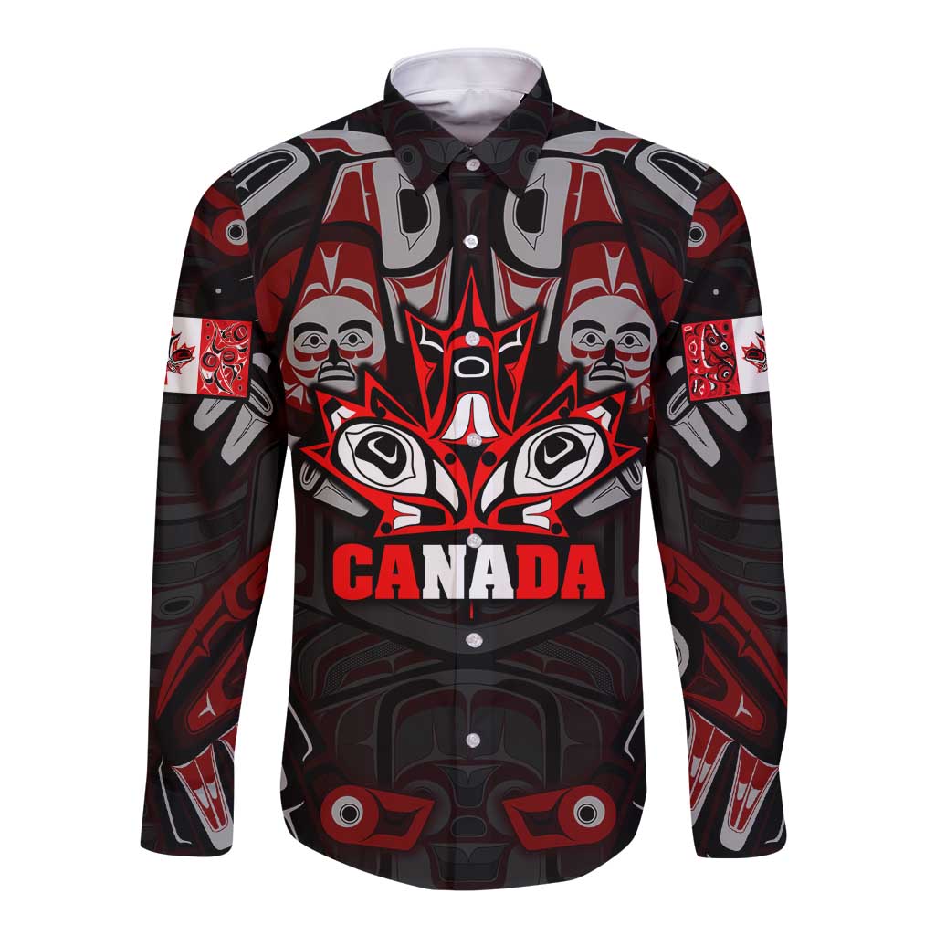 Haida Canada Day Long Sleeve Button Shirt Totem Inspired Maple Leaf Indigenous Art