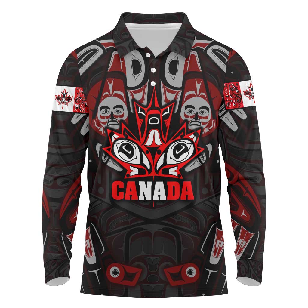 Haida Canada Day Long Sleeve Polo Shirt Totem Inspired Maple Leaf Indigenous Art