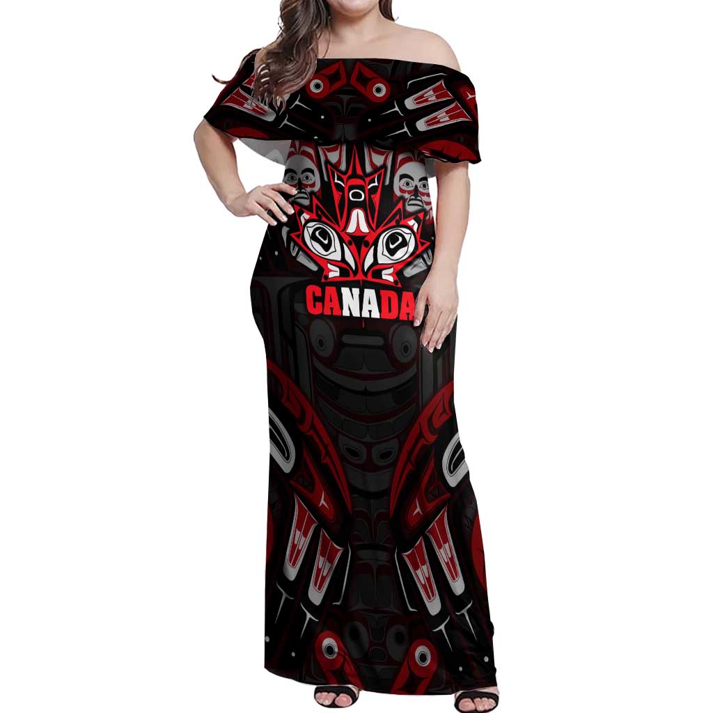 Haida Canada Day Off Shoulder Maxi Dress Totem Inspired Maple Leaf Indigenous Art