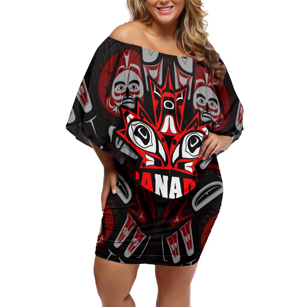 Haida Canada Day Off Shoulder Short Dress Totem Inspired Maple Leaf Indigenous Art