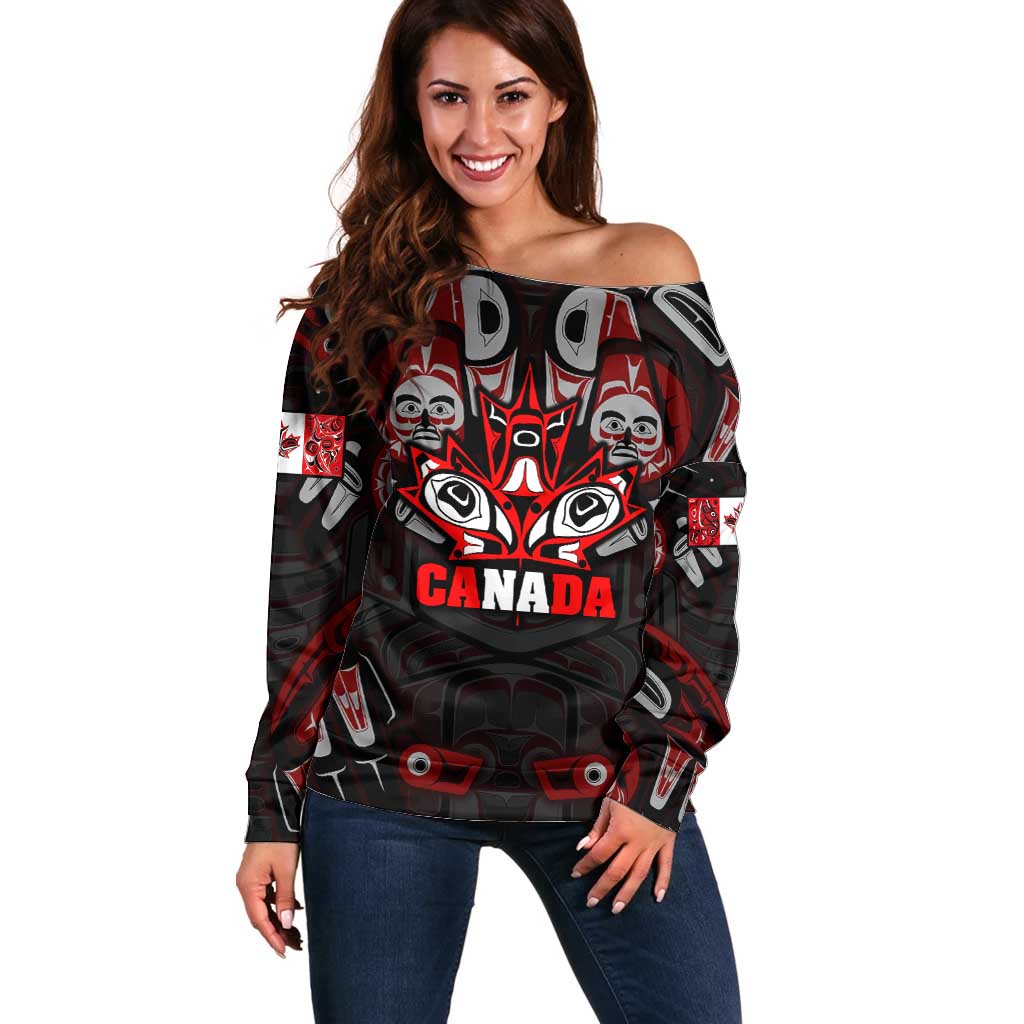 Haida Canada Day Off Shoulder Sweater Totem Inspired Maple Leaf Indigenous Art