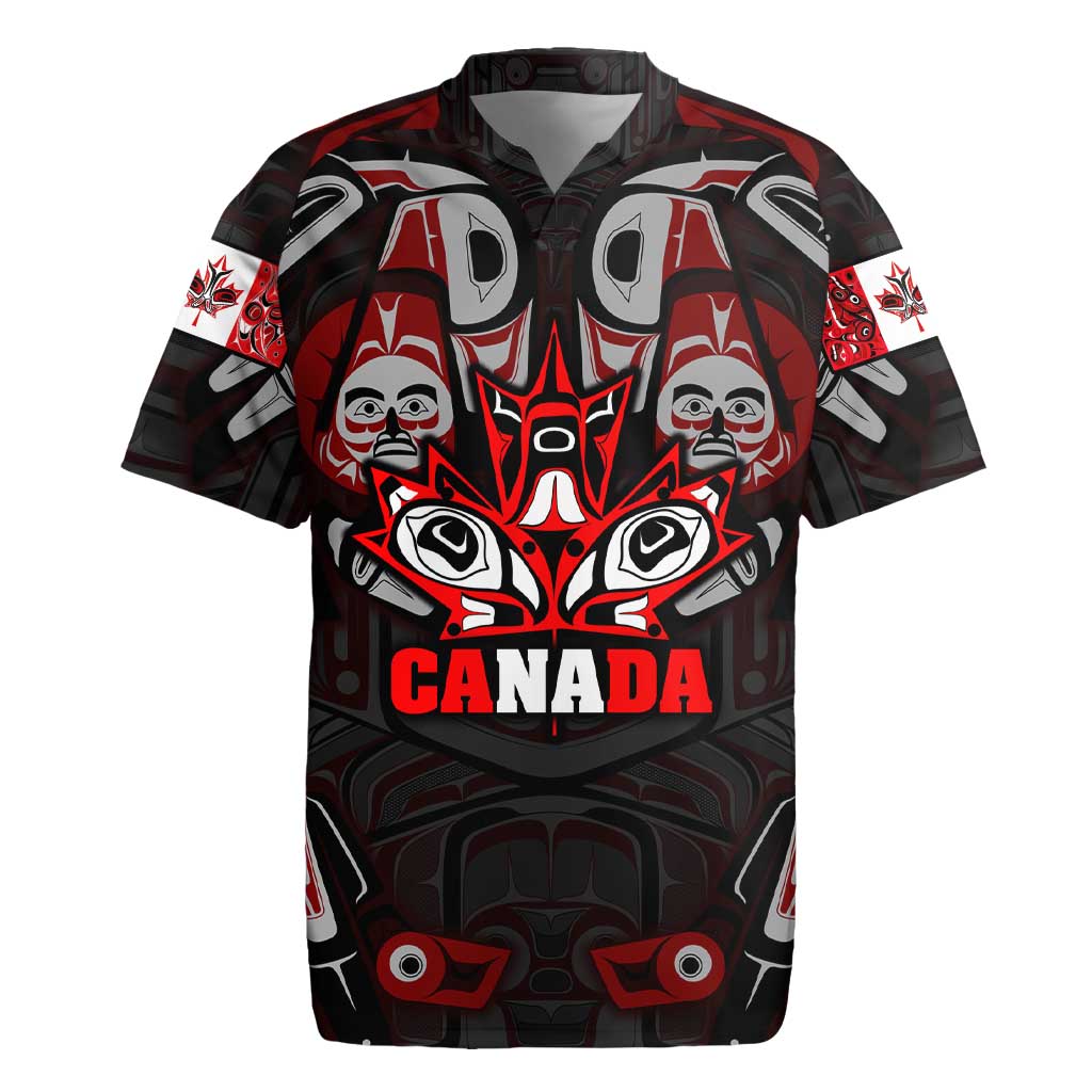 Haida Canada Day Rugby Jersey Totem Inspired Maple Leaf Indigenous Art