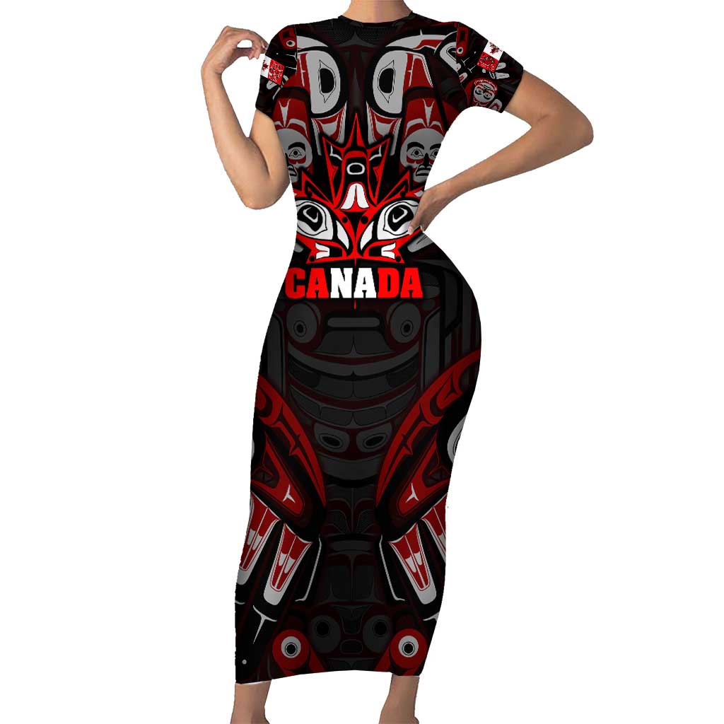 Haida Canada Day Short Sleeve Bodycon Dress Totem Inspired Maple Leaf Indigenous Art