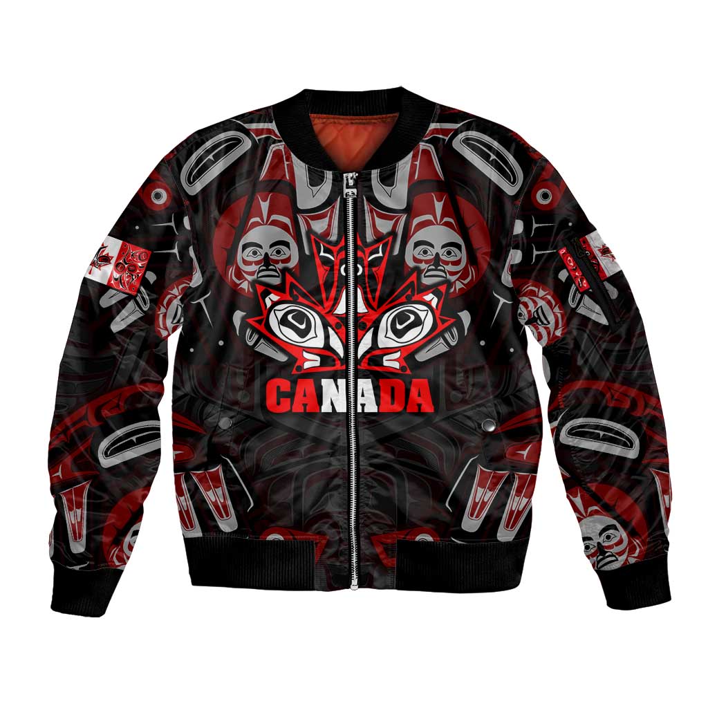 Haida Canada Day Sleeve Zip Bomber Jacket Totem Inspired Maple Leaf Indigenous Art