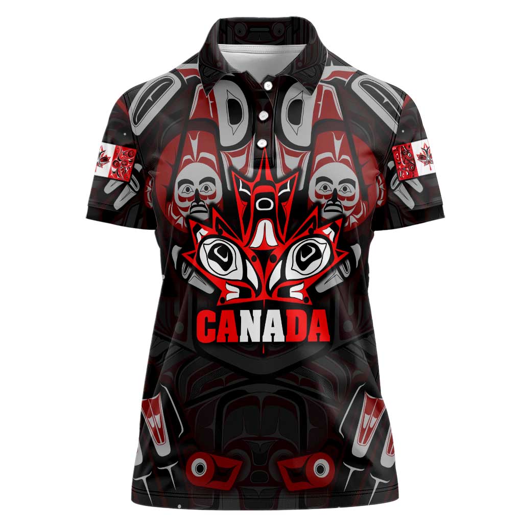 Haida Canada Day Women Polo Shirt Totem Inspired Maple Leaf Indigenous Art