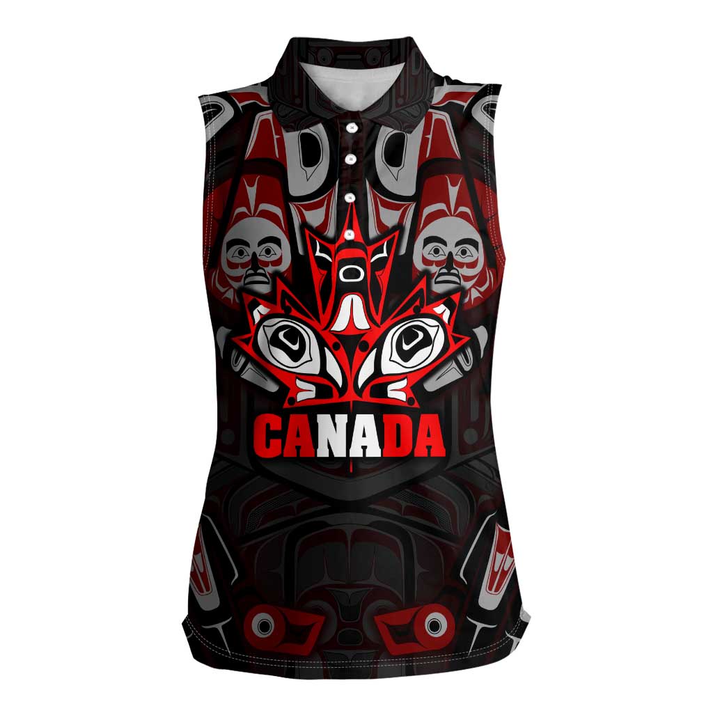 Haida Canada Day Women Sleeveless Polo Shirt Totem Inspired Maple Leaf Indigenous Art