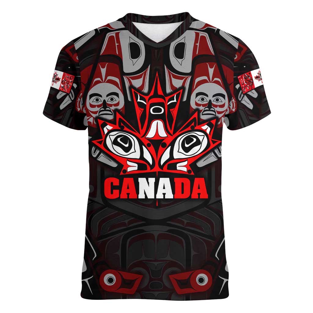 Haida Canada Day Women V-Neck T-Shirt Totem Inspired Maple Leaf Indigenous Art