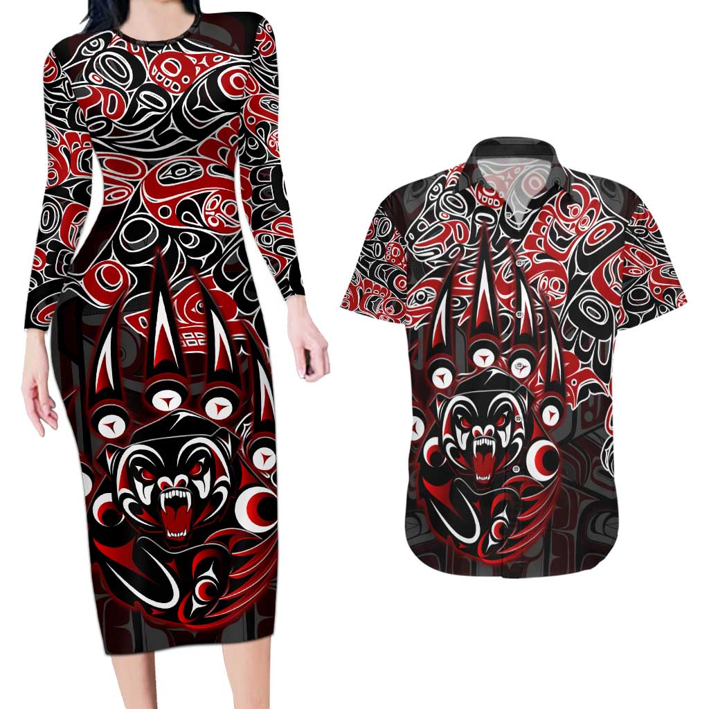 Haida Grizzly Bear Couples Matching Long Sleeve Bodycon Dress and Hawaiian Shirt Canada Indigenous Spirit Claw Totem Art