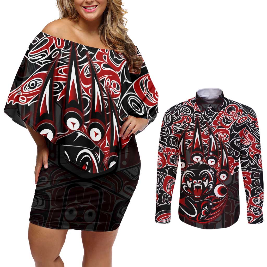 Haida Grizzly Bear Couples Matching Off Shoulder Short Dress and Long Sleeve Button Shirt Canada Indigenous Spirit Claw Totem Art