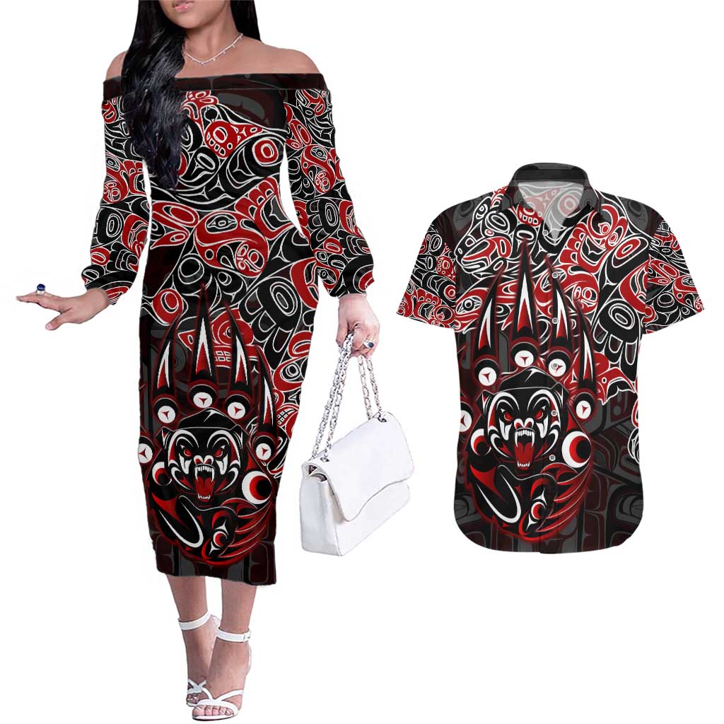 Haida Grizzly Bear Couples Matching Off The Shoulder Long Sleeve Dress and Hawaiian Shirt Canada Indigenous Spirit Claw Totem Art