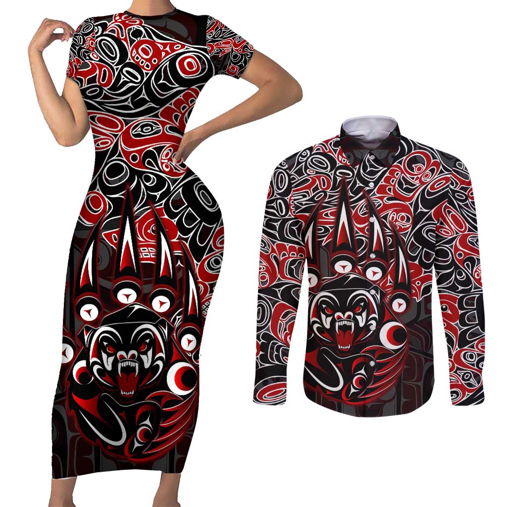 Haida Grizzly Bear Couples Matching Short Sleeve Bodycon Dress and Long Sleeve Button Shirt Canada Indigenous Spirit Claw Totem Art