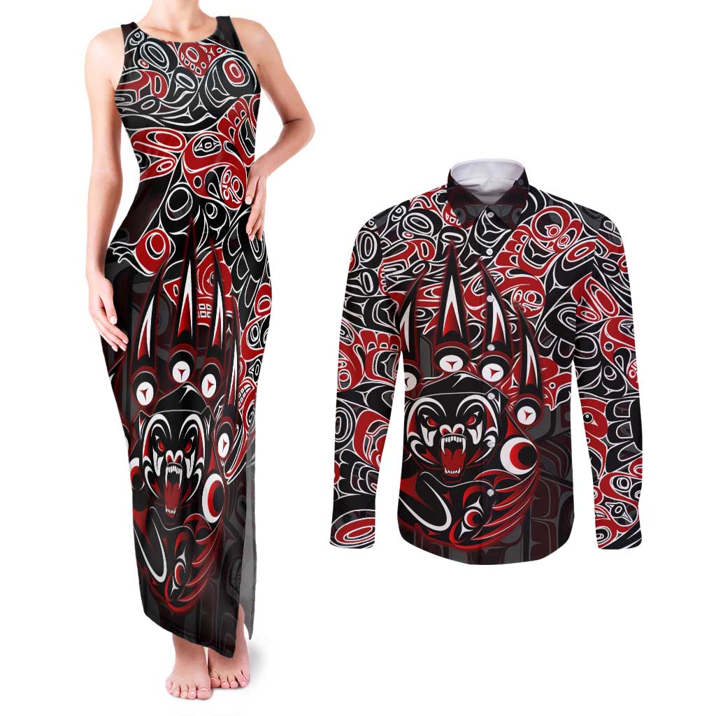 Haida Grizzly Bear Couples Matching Tank Maxi Dress and Long Sleeve Button Shirt Canada Indigenous Spirit Claw Totem Art