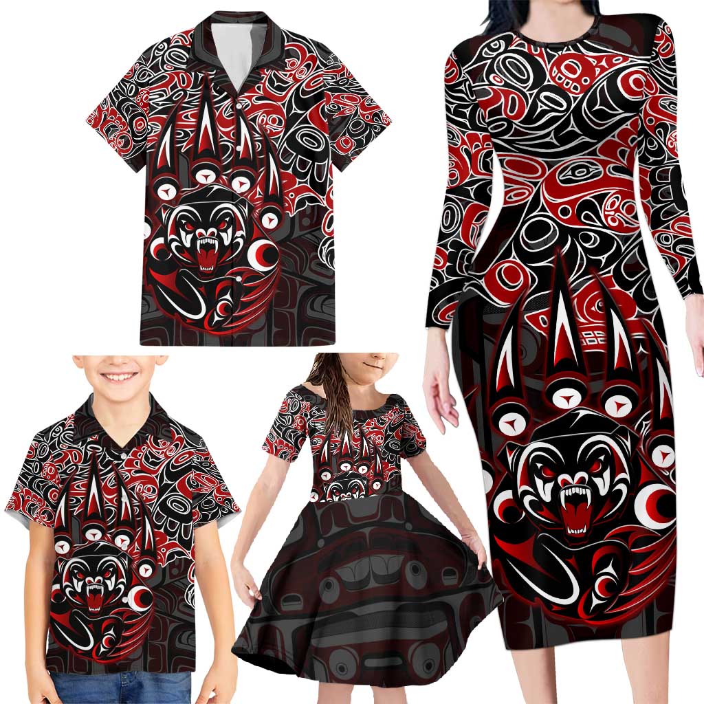 Haida Grizzly Bear Family Matching Long Sleeve Bodycon Dress and Hawaiian Shirt Canada Indigenous Spirit Claw Totem Art