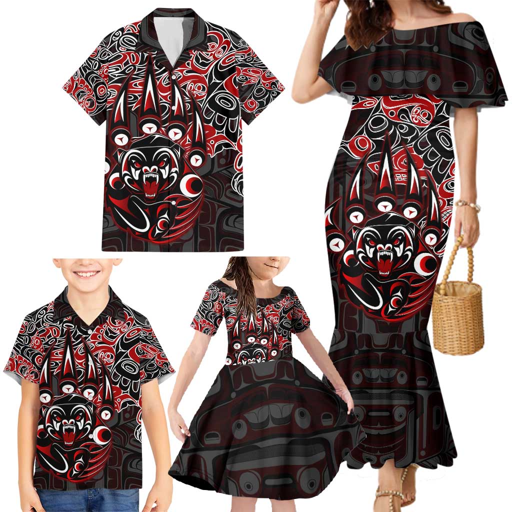 Haida Grizzly Bear Family Matching Mermaid Dress and Hawaiian Shirt Canada Indigenous Spirit Claw Totem Art