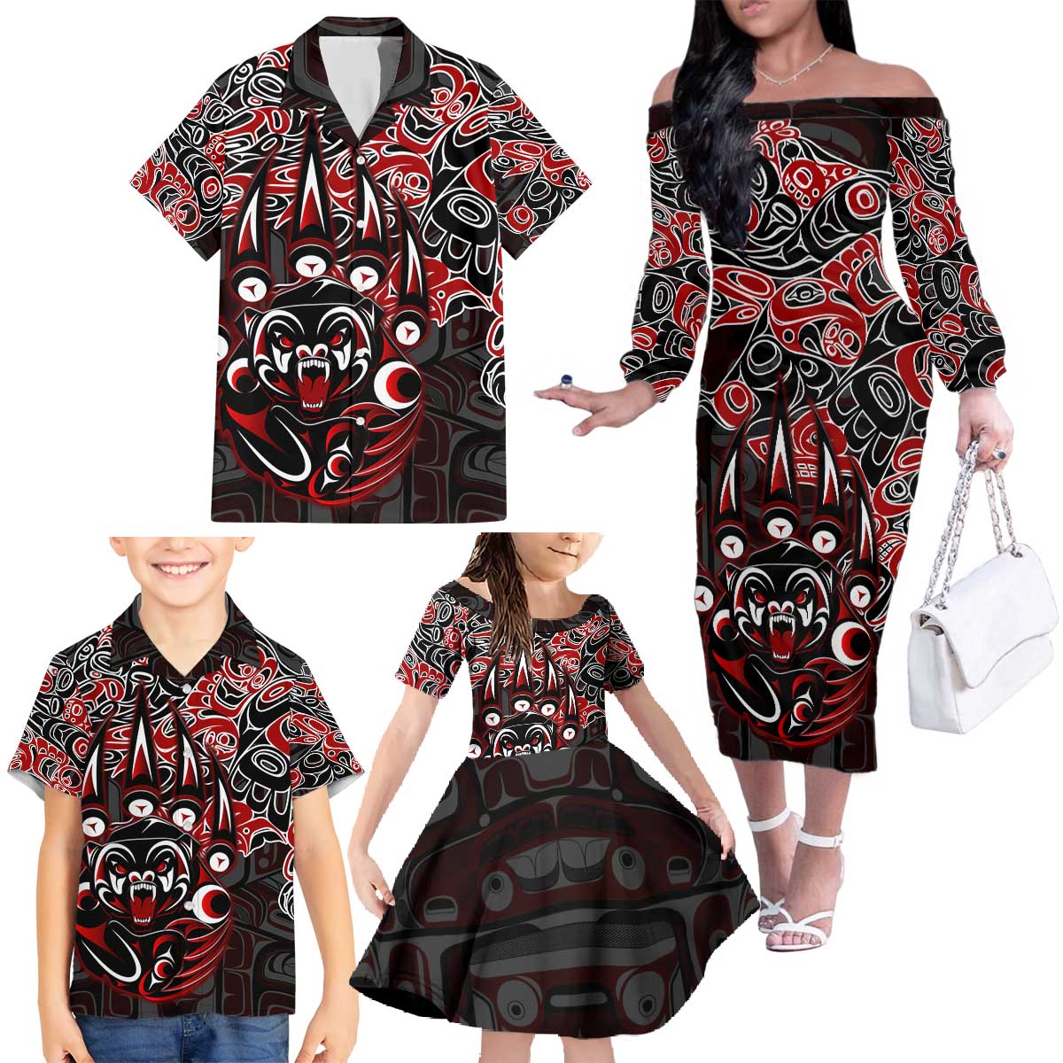 Haida Grizzly Bear Family Matching Off The Shoulder Long Sleeve Dress and Hawaiian Shirt Canada Indigenous Spirit Claw Totem Art