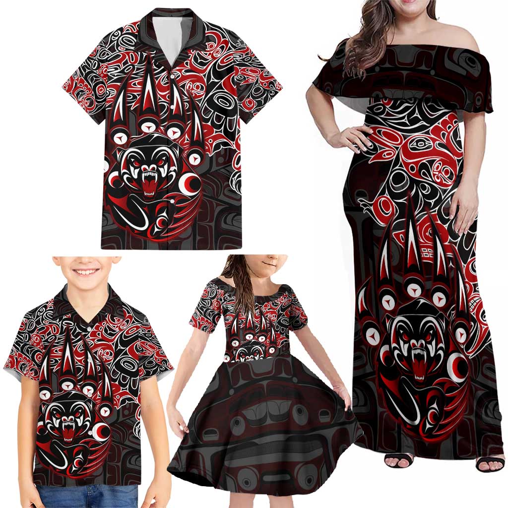 Haida Grizzly Bear Family Matching Off Shoulder Maxi Dress and Hawaiian Shirt Canada Indigenous Spirit Claw Totem Art