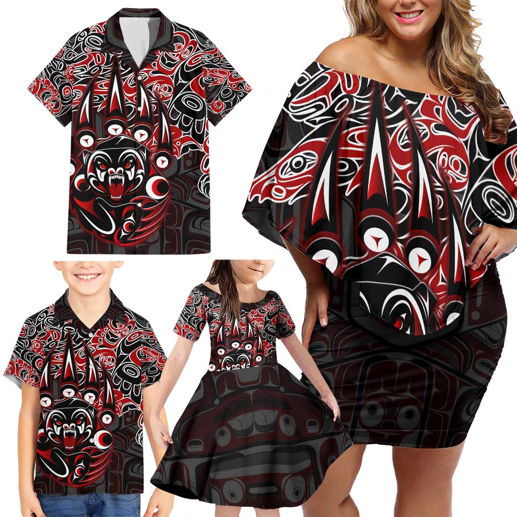 Haida Grizzly Bear Family Matching Off Shoulder Short Dress and Hawaiian Shirt Canada Indigenous Spirit Claw Totem Art