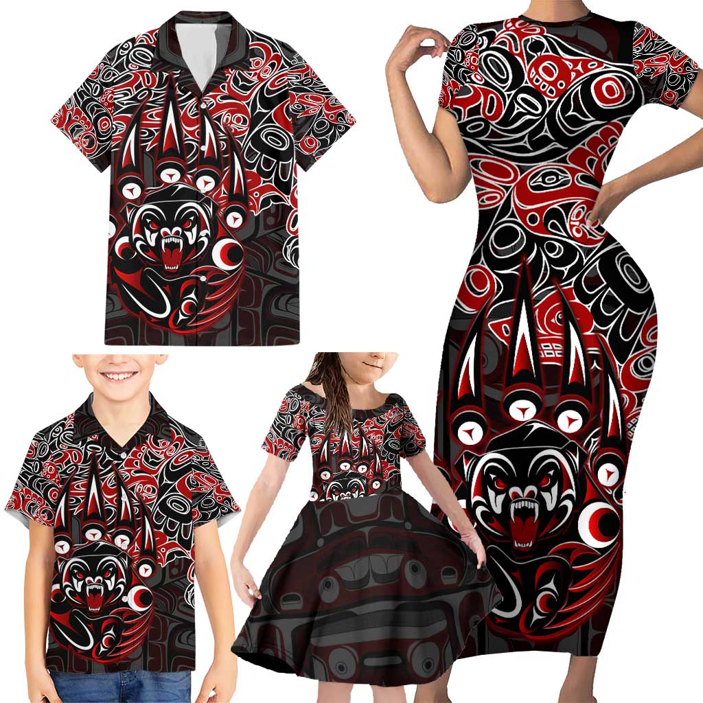 Haida Grizzly Bear Family Matching Short Sleeve Bodycon Dress and Hawaiian Shirt Canada Indigenous Spirit Claw Totem Art