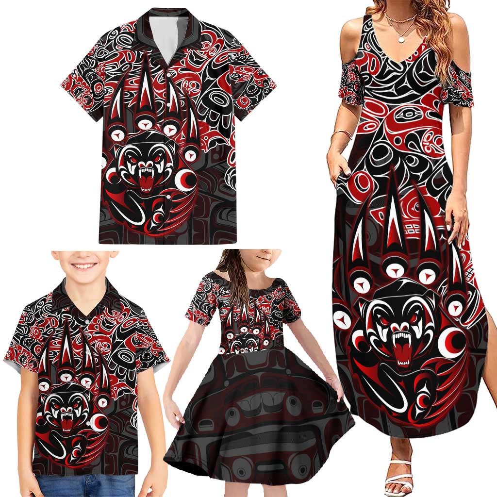 Haida Grizzly Bear Family Matching Summer Maxi Dress and Hawaiian Shirt Canada Indigenous Spirit Claw Totem Art