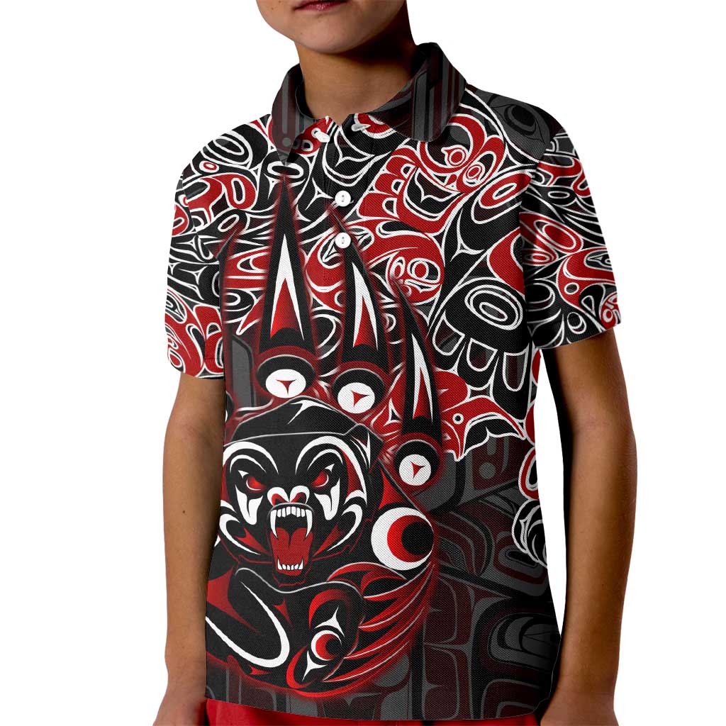 Haida Grizzly Bear Kid Polo Shirt Canada Indigenous Spirit Claw Totem Art