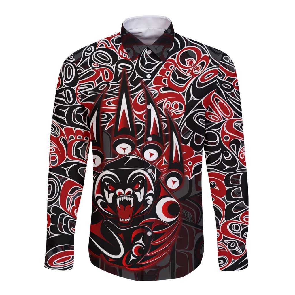 Haida Grizzly Bear Long Sleeve Button Shirt Canada Indigenous Spirit Claw Totem Art