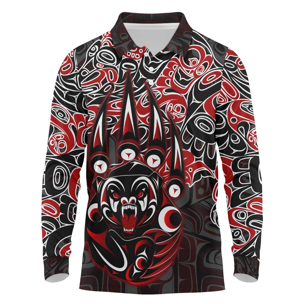 Haida Grizzly Bear Long Sleeve Polo Shirt Canada Indigenous Spirit Claw Totem Art