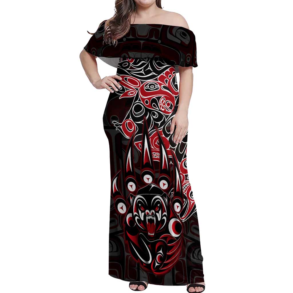 Haida Grizzly Bear Off Shoulder Maxi Dress Canada Indigenous Spirit Claw Totem Art