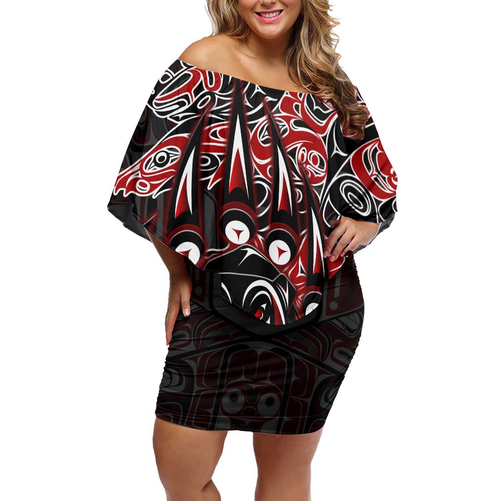 Haida Grizzly Bear Off Shoulder Short Dress Canada Indigenous Spirit Claw Totem Art