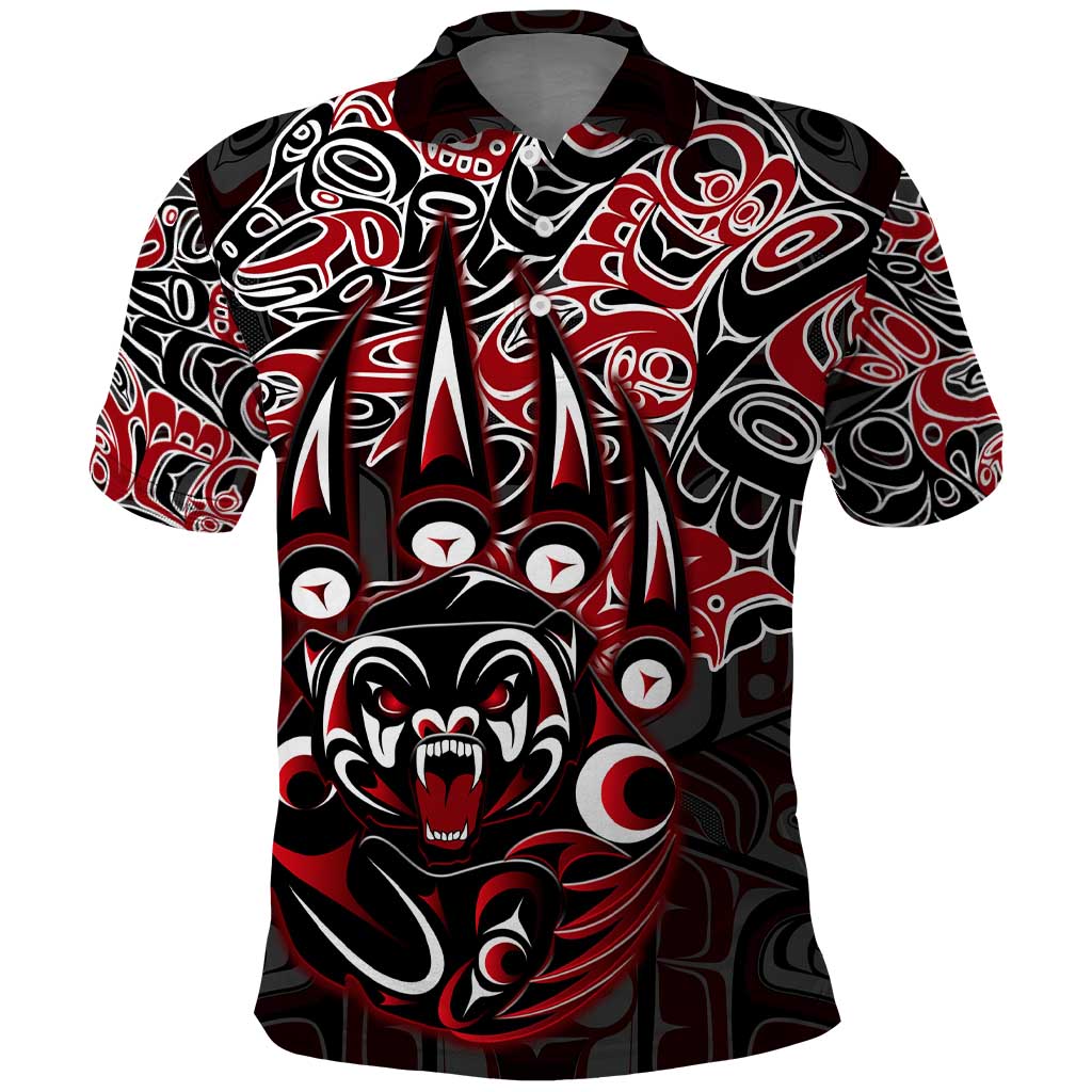 Haida Grizzly Bear Polo Shirt Canada Indigenous Spirit Claw Totem Art