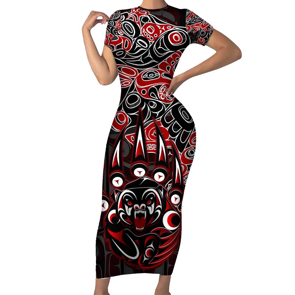 Haida Grizzly Bear Short Sleeve Bodycon Dress Canada Indigenous Spirit Claw Totem Art