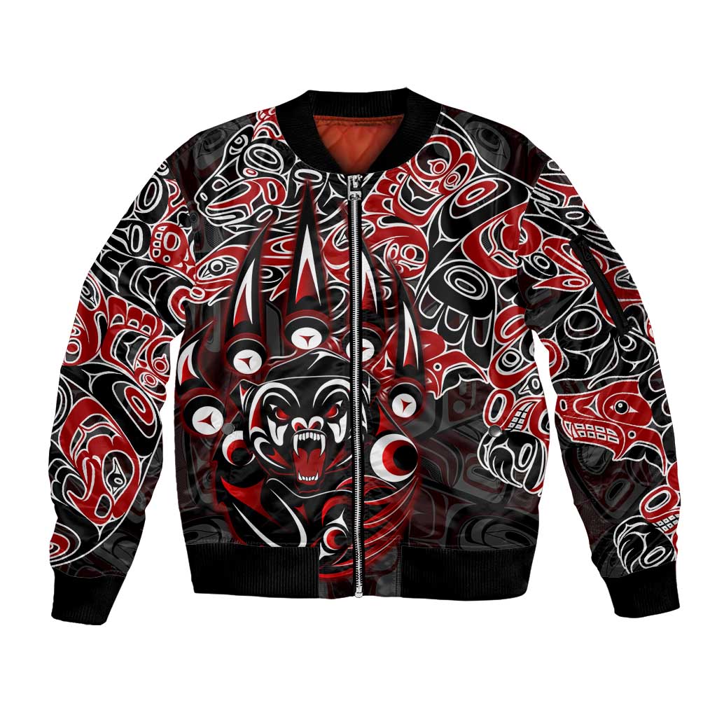 Haida Grizzly Bear Sleeve Zip Bomber Jacket Canada Indigenous Spirit Claw Totem Art