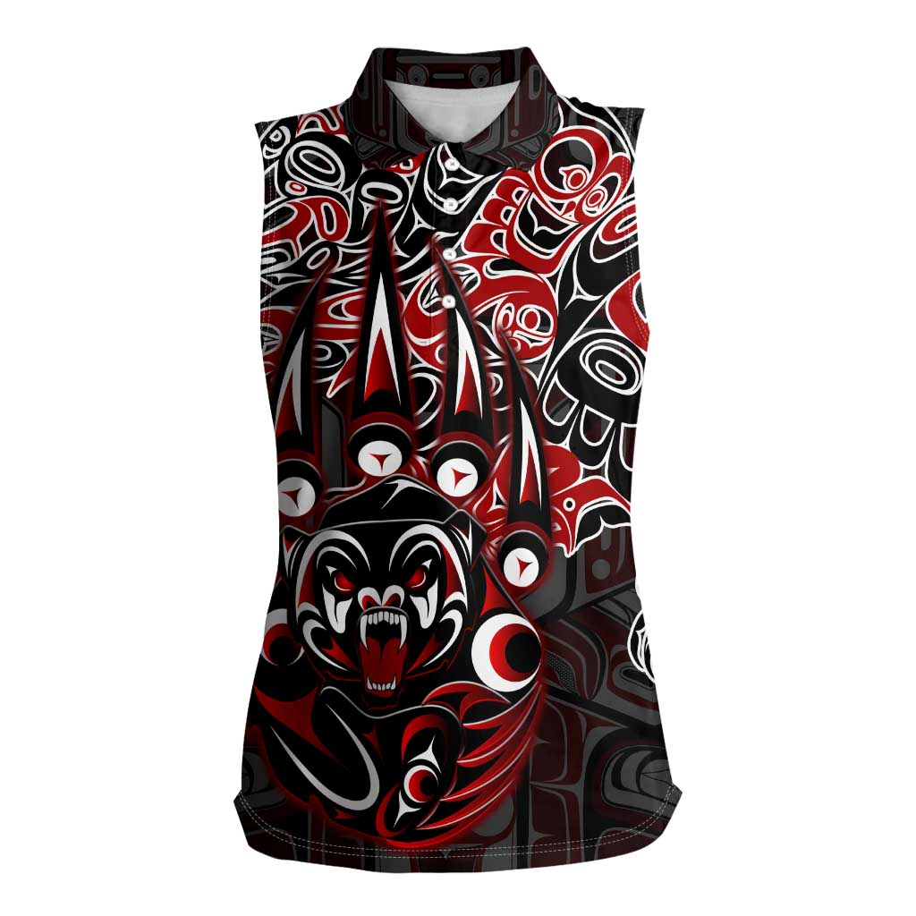 Haida Grizzly Bear Women Sleeveless Polo Shirt Canada Indigenous Spirit Claw Totem Art