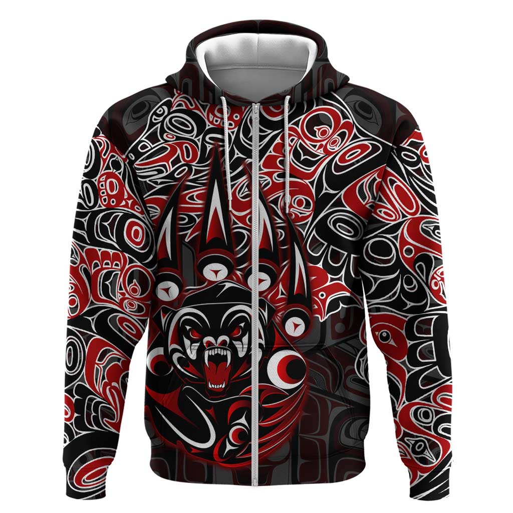 Haida Grizzly Bear Zip Hoodie Canada Indigenous Spirit Claw Totem Art