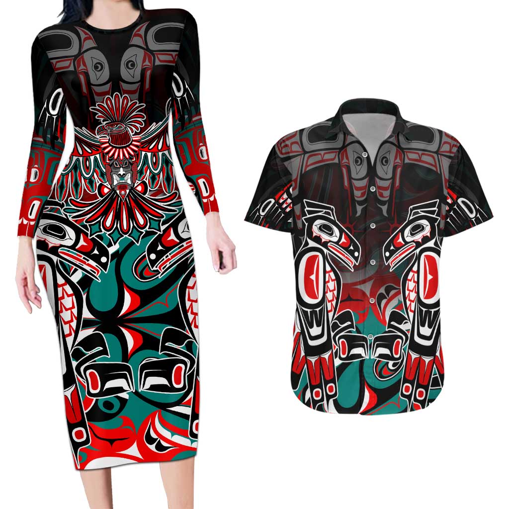 Eagle of Haida Gwaii Canada Couples Matching Long Sleeve Bodycon Dress and Hawaiian Shirt Indigenous Art Thunderbird