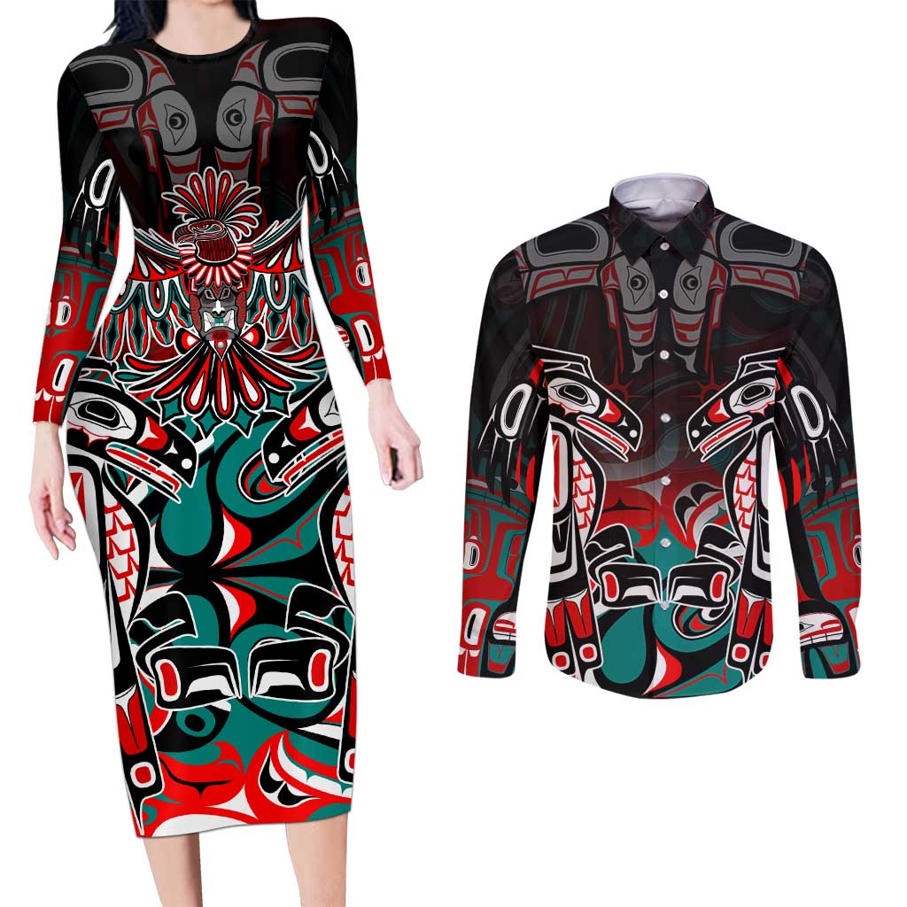 Eagle of Haida Gwaii Canada Couples Matching Long Sleeve Bodycon Dress and Long Sleeve Button Shirt Indigenous Art Thunderbird