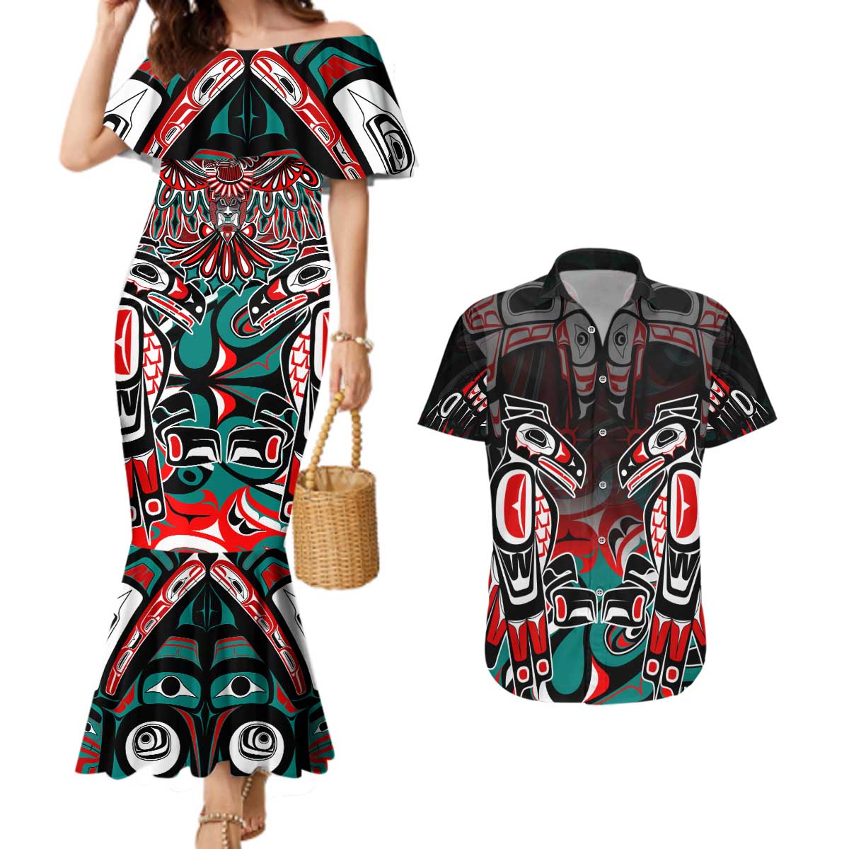 Eagle of Haida Gwaii Canada Couples Matching Mermaid Dress and Hawaiian Shirt Indigenous Art Thunderbird