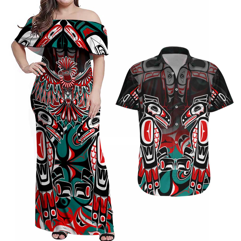 Eagle of Haida Gwaii Canada Couples Matching Off Shoulder Maxi Dress and Hawaiian Shirt Indigenous Art Thunderbird