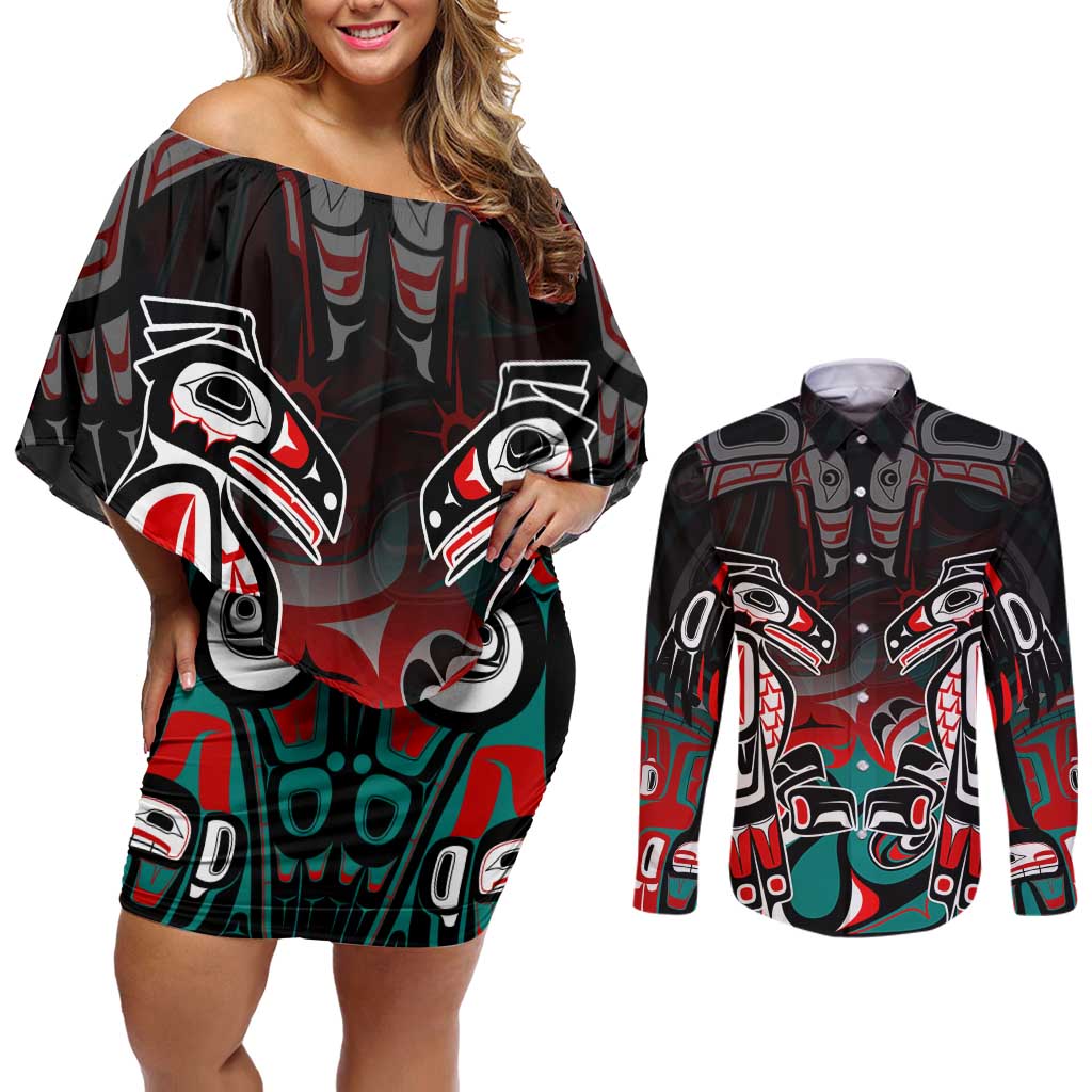 Eagle of Haida Gwaii Canada Couples Matching Off Shoulder Short Dress and Long Sleeve Button Shirt Indigenous Art Thunderbird