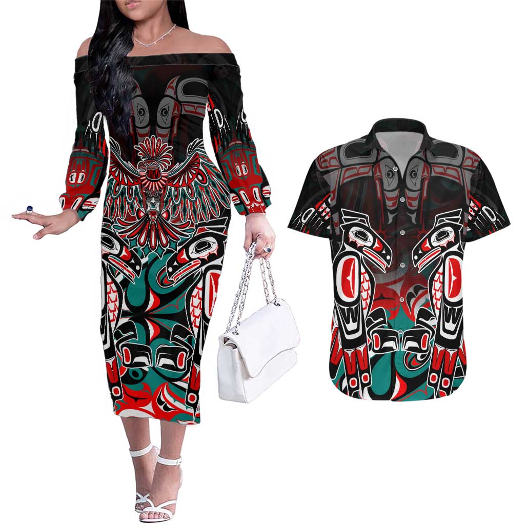 Eagle of Haida Gwaii Canada Couples Matching Off The Shoulder Long Sleeve Dress and Hawaiian Shirt Indigenous Art Thunderbird