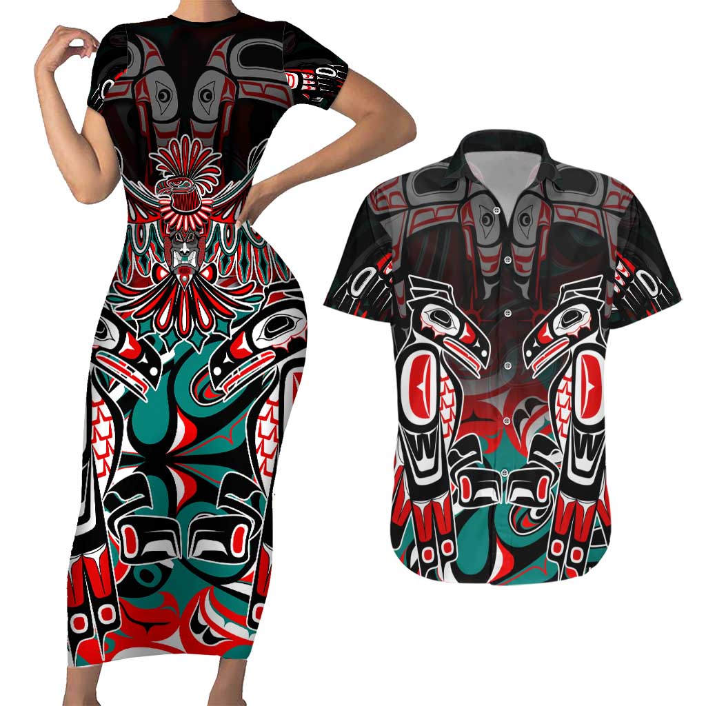 Eagle of Haida Gwaii Canada Couples Matching Short Sleeve Bodycon Dress and Hawaiian Shirt Indigenous Art Thunderbird