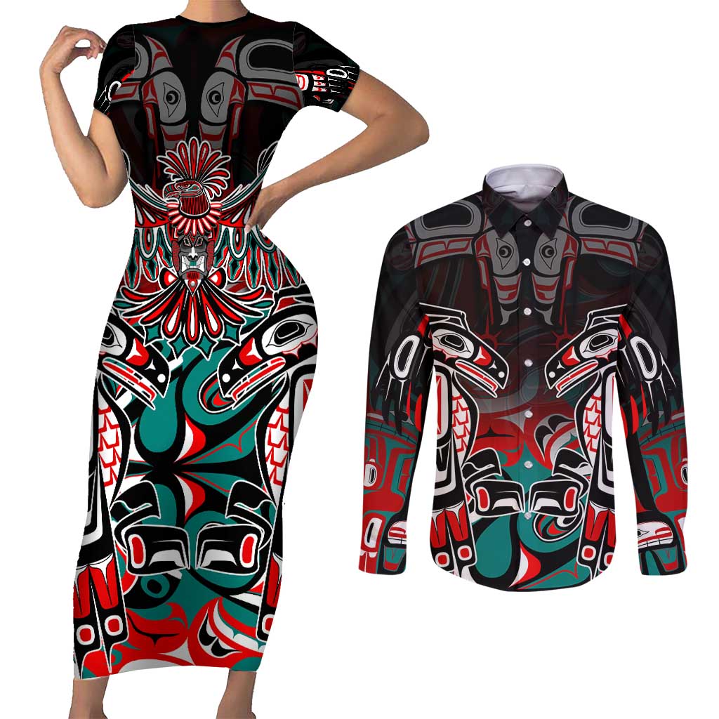 Eagle of Haida Gwaii Canada Couples Matching Short Sleeve Bodycon Dress and Long Sleeve Button Shirt Indigenous Art Thunderbird