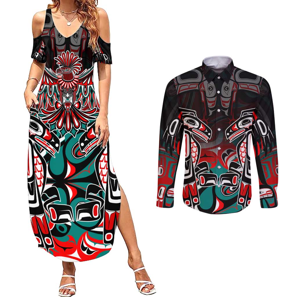 Eagle of Haida Gwaii Canada Couples Matching Summer Maxi Dress and Long Sleeve Button Shirt Indigenous Art Thunderbird