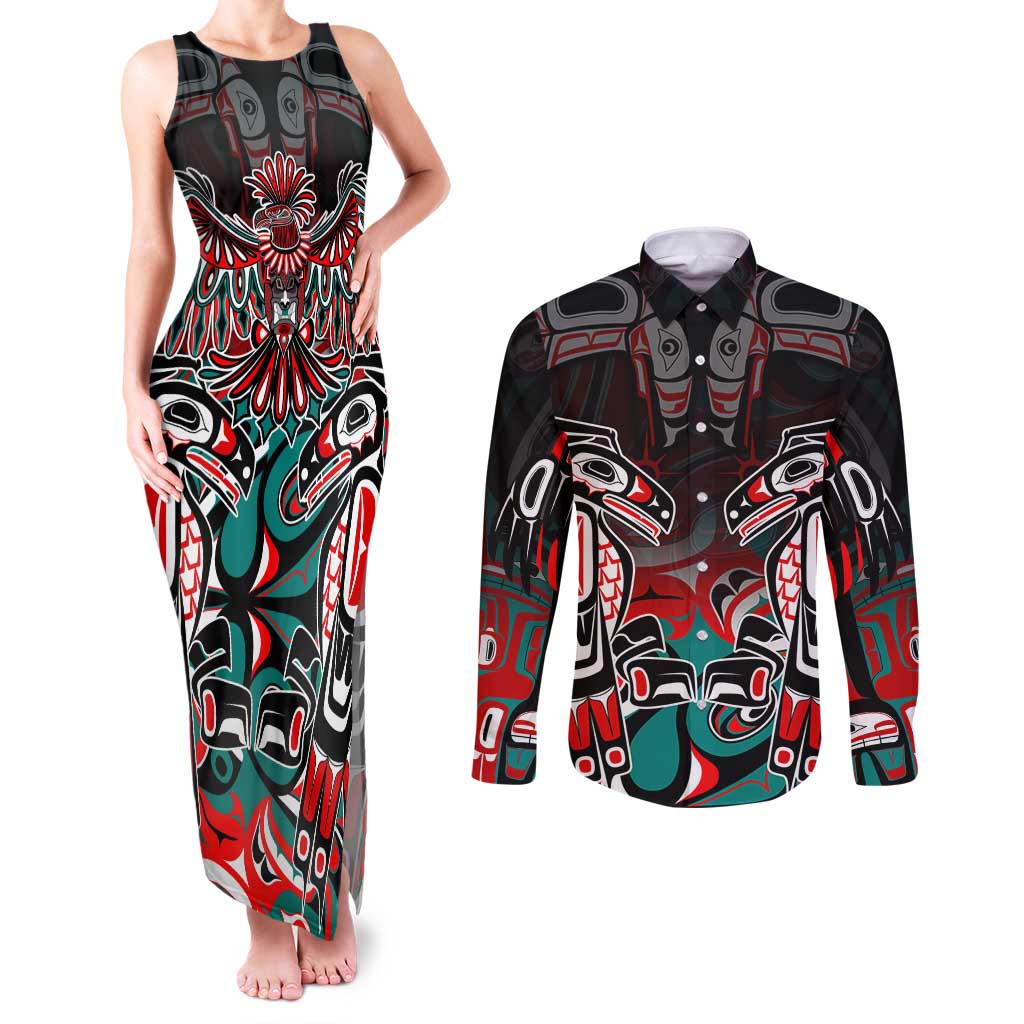 Eagle of Haida Gwaii Canada Couples Matching Tank Maxi Dress and Long Sleeve Button Shirt Indigenous Art Thunderbird