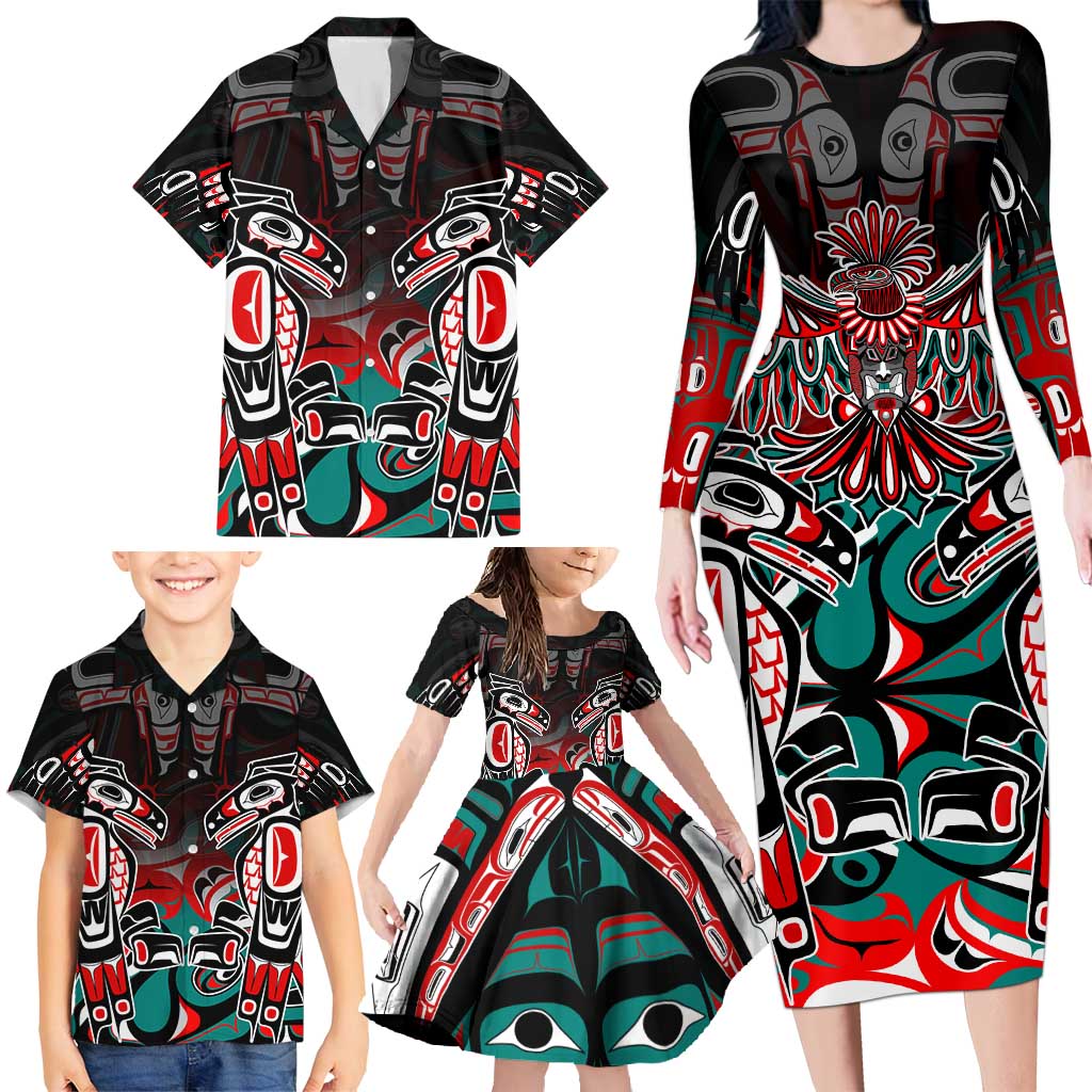 Eagle of Haida Gwaii Canada Family Matching Long Sleeve Bodycon Dress and Hawaiian Shirt Indigenous Art Thunderbird