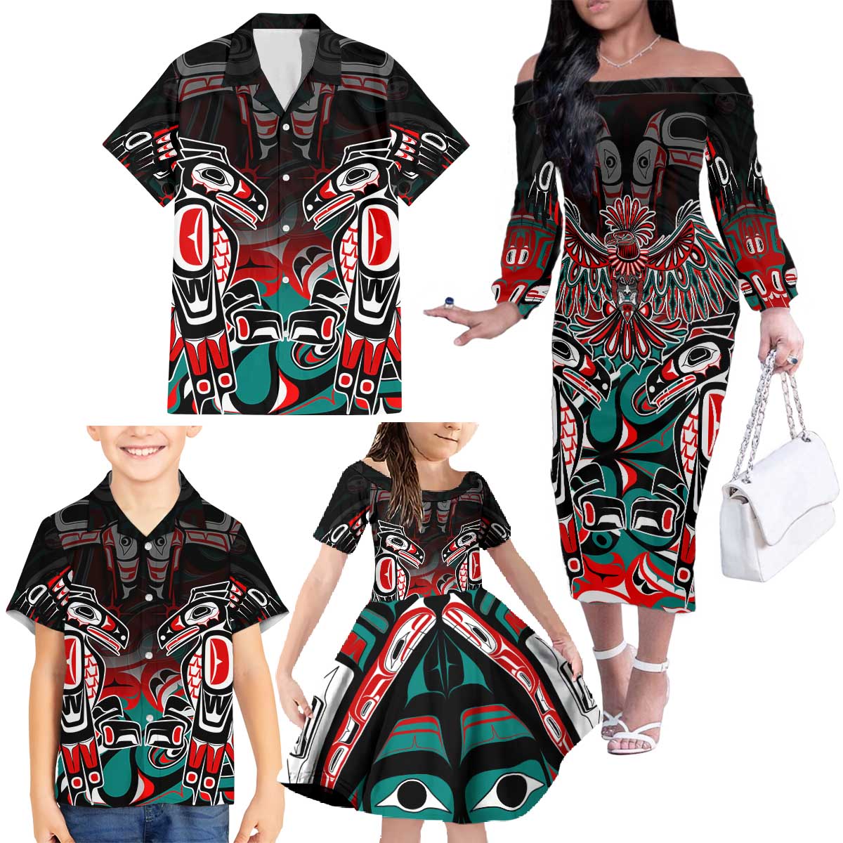 Eagle of Haida Gwaii Canada Family Matching Off The Shoulder Long Sleeve Dress and Hawaiian Shirt Indigenous Art Thunderbird